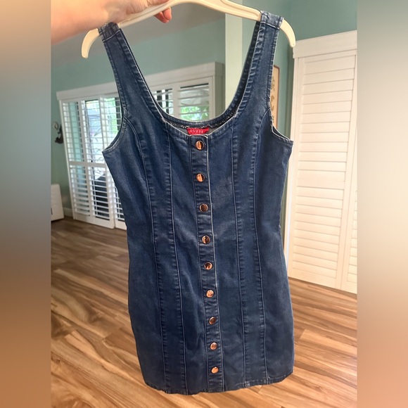 Vintage Guess ‘90’s Denim Sleeveless Dress Size Medium M Gold Metal Snaps Short - Picture 6 of 7